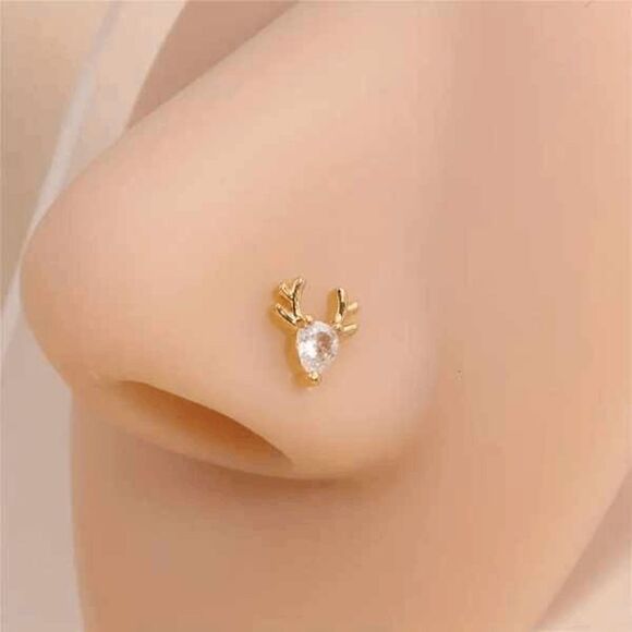 Diamond Gold Elk Reindeer L Shaped Nose Ring - Picture 1 of 6